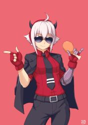 Rule 34 | 1girl, ahoge, belt, belt buckle, black belt, black jacket, black necktie, black pants, breasts, buckle, chicken (food), chicken leg, closed mouth, collared shirt, commentary, commission, cosplay, dana zane, english commentary, finalcake, finger gun, fingerless gloves, food, gloves, hair between eyes, helltaker, highres, holding, holding food, jacket, justice (helltaker), justice (helltaker) (cosplay), light smile, necktie, pants, red background, red gloves, red shirt, shaka sign, shirt, sidelocks, simple background, small breasts, solo, sunglasses, tinted eyewear, va-11 hall-a, white hair