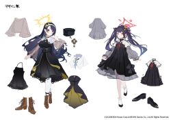 Rule 34 | 2girls, alternate costume, black dress, black hair, blue archive, boots, butterfly hair ornament, character sheet, demon horns, dress, fortissimo, full body, fuuka (blue archive), habit, hair ornament, halo, hinata (blue archive), horns, multiple girls, musical note, musical note hair ornament, nuudoru, official art, red eyes, shoelaces, simple background, standing, white background