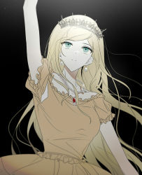 Rule 34 | 1girl, alternate costume, alternate hair ornament, alternate hairstyle, arm up, bead necklace, beads, black background, blonde hair, brown dress, closed mouth, cowboy shot, danganronpa (series), danganronpa 2: goodbye despair, dress, earrings, frilled dress, frills, gem, gradient background, grey background, grey eyes, highres, jewelry, long hair, looking up, necklace, short sleeves, solo, sonia nevermind, upper body, vo1ez