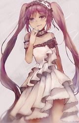 Rule 34 | 1girl, bare shoulders, black ribbon, blush, choker, commentary request, dress, fate/grand order, fate (series), hairband, hand to own mouth, lolita hairband, long hair, looking at viewer, ribbon, smile, solo, stheno (fate), strapless, strapless dress, very long hair, white dress