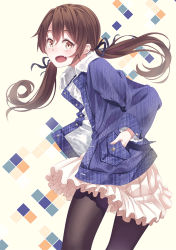 Rule 34 | 1girl, black pantyhose, blue jacket, blush, brown eyes, brown hair, buttons, fang, frilled skirt, frills, fringe trim, fur trim, hair ribbon, hand in pocket, jacket, looking at viewer, low twintails, open clothes, open jacket, open mouth, original, pantyhose, raised eyebrows, ribbon, simple background, skirt, solo, twintails, yasuno (airy light)