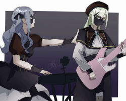 Rule 34 | 2girls, ascot, bang dream!, bang dream! it&#039;s mygo!!!!!, black ascot, black capelet, black mask, black ribbon, black skirt, blue brooch, blue hair, border, capelet, closed mouth, commentary, dated, domino mask, electric guitar, english commentary, gradient background, green hair, grey background, guitar, hair ribbon, hat, highres, instrument, keyboard (instrument), long hair, mask, mouth mask, multiple girls, puffy short sleeves, puffy sleeves, purple background, red hat, red shirt, ribbon, shirt, short sleeves, signature, skirt, togawa sakiko, tok8505 (erica), wakaba mutsumi, white ascot, white border, white shirt, yellow eyes