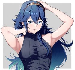 Rule 34 | 1girl, adapted costume, alternate costume, ameno (a meno0), armpits, bare shoulders, blue eyes, blue hair, border, fire emblem, fire emblem awakening, grey background, hair between eyes, hand on own head, long hair, looking at viewer, lucina (fire emblem), nintendo, outside border, ribbed sweater, simple background, sleeveless, sleeveless sweater, solo, sweater, tiara, turtleneck, turtleneck sweater, white border
