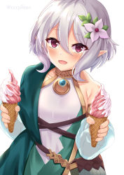 Rule 34 | 1girl, :d, ahoge, asymmetrical clothes, bad id, bad pixiv id, breasts, collarbone, commentary request, covered navel, detached sleeves, dress, elf, flower, food, hair between eyes, hair flower, hair ornament, highres, holding, holding food, ice cream, kokkoro (princess connect!), leaf, long sleeves, looking at viewer, multicolored clothes, multicolored dress, open mouth, pointy ears, pouch, princess connect!, purple eyes, see-through, short hair, silver hair, single bare shoulder, smile, soft serve, solo, twitter username, upper body, white flower, yagiryu