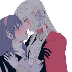 Rule 34 | 2girls, after kiss, bang gu9, bite mark, blonde hair, blue hair, byleth (female) (fire emblem), byleth (fire emblem), commentary request, edelgard von hresvelg, eye contact, fire emblem, fire emblem: three houses, looking at another, multiple girls, nintendo, saliva, saliva trail, yuri