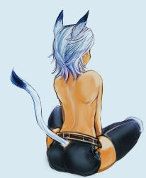Rule 34 | 00s, 1girl, animal ears, ass, back, black thighhighs, cat ears, cat tail, clothing cutout, doraeshi, final fantasy, final fantasy xi, from behind, indian style, mithra (ff11), sitting, solo, tail, tail through clothes, thighhighs, topless, white hair