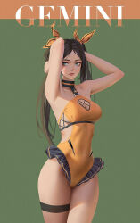 Rule 34 | 1girl, bikini, breasts, cleavage cutout, clothing cutout, collar, covered navel, fishnet cutout, frilled bikini, frills, ga is, green eyes, hair ribbon, highleg, highleg swimsuit, looking to the side, medium breasts, one-piece swimsuit, original, parted hair, ribbon, simple background, solo, swimsuit, thigh strap, twintails, yellow one-piece swimsuit