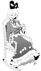 Rule 34 | 1641 (chfhrtor94), 1girl, absurdres, chair, closed eyes, commentary request, cup, dress, frilled dress, frilled sleeves, frills, full body, ghost tail, greyscale, hat, highres, holding, holding cup, holding saucer, long sleeves, monochrome, neck ribbon, open mouth, ribbon, rocking chair, saucer, short hair, simple background, sitting, smile, soga no tojiko, solo, tate eboshi, touhou, white background, white sleeves, wide sleeves
