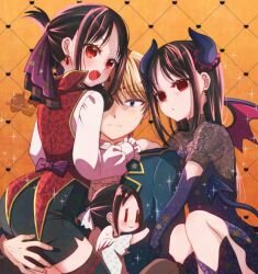 1boy 3girls :o black_hair black_shorts chibi chocotomamenoki demon_horns demon_tail demon_wings halloween_costume highres horns kaguya-sama_wa_kokurasetai_~tensai-tachi_no_renai_zunousen~ long_sleeves multiple_girls multiple_persona orange_background red_eyes shinomiya_kaguya shirogane_miyuki shirt shorts tail white_shirt wings