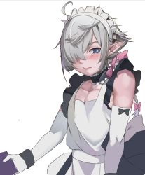 Rule 34 | 1boy, ahoge, alphinaud leveilleur, bare pectorals, bare shoulders, black bow, black choker, blue eyes, blush, bow, choker, closed mouth, collarbone, elbow gloves, elezen, elf, final fantasy, final fantasy xiv, frilled choker, frills, gloves, grey hair, hair bow, hair over one eye, highres, holding, long hair, maid, male focus, pectorals, pink bow, pointy ears, sakurami sumi, simple background, skindentation, solo, trap, white background, white gloves