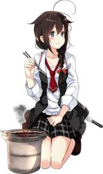 Rule 34 | 10s, 1girl, ahoge, blue eyes, braid, brown hair, chopsticks, cooking, fish, full body, grill, grilling, hair flaps, hair over shoulder, heater, jacket, kantai collection, kneeling, kujou ichiso, necktie, official art, plaid, plaid skirt, saury, shichirin, shigure (kancolle), shigure kai ni (kancolle), shirt, single braid, skirt, smile, smoke, solo, transparent background, turret