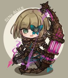 Rule 34 | 1boy, :d, beige background, bob cut, bow (weapon), brown footwear, brown gloves, brown hair, brown hood, bug, butterfly, chibi, chiroru (tyrol009), closed mouth, full body, gloves, green butterfly, green eyes, gretel (sinoalice), hansel (sinoalice), holding, holding bow (weapon), holding weapon, insect, long sleeves, looking at viewer, open mouth, simple background, sinoalice, smile, solo, weapon