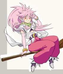 Rule 34 | 1girl, arche klein, belt, bracelet, broom, earrings, elbow gloves, full body, gloves, highres, himukai yuusuke, jewelry, long hair, looking at viewer, pants, pink eyes, pink hair, pink pants, ponytail, simple background, smile, solo, tales of (series), tales of phantasia, v, white background, wide ponytail