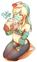 Rule 34 | 1boy, alternate costume, artist name, barefoot, blonde hair, blue eyes, bulge, crossdressing, cum, cum in clothes, cum through clothes, detached sleeves, disembodied hand, disembodied penis, erection, erection under clothes, fellatio, fellatio under mask, gerudo set (zelda), hand on head, highres, kneeling, link, male focus, mask, midriff, mouth mask, navel, nintendo, official alternate costume, oral, oralgasm, penis, pokilewd, solo focus, the legend of zelda, the legend of zelda: breath of the wild, transparent background, trap, uncensored, veil, yaoi