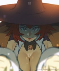 Rule 34 | 1girl, aurahack, backlighting, blurry, breasts, capcom, cape, cleavage, depth of field, grey eyes, hat, highres, jewelry, large breasts, pendant, red hair, smile, solo, tabasa, upper body, warzard, watermark, web address, witch hat