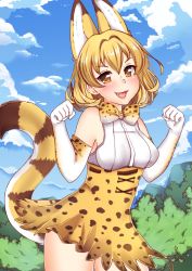 Rule 34 | &gt;:d, 10s, 1girl, animal ears, bad id, bad pixiv id, bare shoulders, blonde hair, blue sky, bow, bowtie, brown eyes, day, elbow gloves, extra ears, fang, gloves, hands up, high-waist skirt, kemono friends, lamb (tibberz), looking at viewer, miniskirt, open mouth, outdoors, paw pose, print bow, print bowtie, print gloves, print neckwear, print skirt, serval (kemono friends), serval print, serval tail, shirt, skirt, sky, sleeveless, sleeveless shirt, smile, solo, standing, striped tail, tail, upper body, v-shaped eyebrows