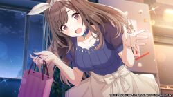 Rule 34 | 1girl, :d, absurdres, bag, blue choker, blue shirt, blurry, blurry background, blush, bokeh, bow, bow hairband, breasts, brown hair, choker, cloud, collarbone, commentary request, cowboy shot, depth of field, game cg, hair bow, hairband, highres, holding, holding bag, idolmaster, idolmaster shiny colors, indoors, large breasts, leaning forward, light particles, long hair, looking at viewer, night, official art, open mouth, outstretched hand, pink eyes, plant, potted plant, puffy short sleeves, puffy sleeves, refrigerator, see-through, see-through sleeves, shirt, short sleeves, sidelocks, skirt, smile, solo, sparkle, tsukioka kogane, waist bow, window, yellow skirt