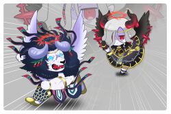 Rule 34 | 1boy, 1girl, armlet, black hair, black wings, blue eyes, chasing, chibi, chimera, condemned darklord, darklord nasten, demon horns, dress, duel monster, fangs, full body, grey hair, hair over one eye, halo, highres, horns, mane, olf factory, open mouth, red eyes, red halo, running, shaded face, sweat, nervous sweating, wings, yu-gi-oh!