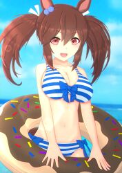 Rule 34 | 1girl, 2-butani, absurdres, alternate costume, animal ears, beach, bikini, blue bikini, blue sky, blurry, blurry background, breasts, brown hair, cleavage, commentary request, cowboy shot, doughnut innertube, ear ornament, front-tie bikini top, front-tie top, hair between eyes, highres, hishi akebono (umamusume), horse ears, horse girl, horse tail, innertube, large breasts, long hair, looking at viewer, navel, ocean, open mouth, outdoors, red eyes, side-tie bikini bottom, sky, smile, solo, stomach, striped bikini, striped clothes, swim ring, swimsuit, tail, twintails, umamusume, water