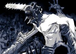 Rule 34 | 1boy, alternate form, bare arms, bare shoulders, chainsaw, chainsaw man, collarbone, denji (chainsaw man), fang, fangs, fighting, highres, male focus, midriff, monochrome, open mouth, original nasu, pale skin, pants, sharp teeth, topless male, sketch, solo, solo focus, teeth, tongue, tongue out, zombie
