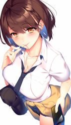 Rule 34 | 1girl, azur lane, bag, baltimore (after-school ace) (azur lane), baltimore (azur lane), brown eyes, brown hair, cellphone, character request, clothes around waist, earbuds, earphones, highres, holding, holding phone, looking at viewer, mouth hold, necktie, official alternate costume, phone, pleated skirt, ryuji (ikeriu), school bag, school uniform, short hair, short sleeves, simple background, skirt, solo, sweater, sweater around waist, white background, yellow sweater