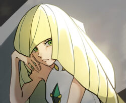 Rule 34 | 1girl, blonde hair, blunt bangs, closed mouth, commentary request, creatures (company), dress, echizen (n fns17), eyelashes, game freak, gem, green eyes, green gemstone, hand up, head rest, highres, long hair, looking at viewer, lusamine (pokemon), nintendo, pokemon, pokemon sm, shadow, sleeveless, sleeveless dress, solo, upper body, white dress