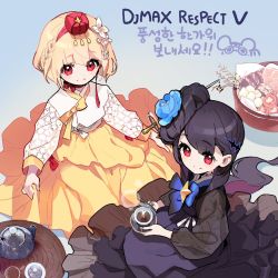 Rule 34 | black dress, black hair, black hanbok, blonde hair, blue bow, blue flower, blue rose, bob cut, bow, clover, clover (win1ciub), cup, djmax, djmax respect, dress, flower, food, food request, hair bun, hair flower, hair ornament, hair stick, hairband, hairpin, hanbok, holding, holding cup, korean clothes, korean text, mary (djmax), on floor, red bow, red hairband, rose, rose (djmax), round table, saucer, short hair, simple background, sitting, star (symbol), steam, table, tea, teacup, teapot, white flower, wooden table, yellow dress