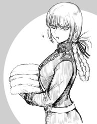 Rule 34 | 1girl, belt, braid, braided ponytail, fate/grand order, fate (series), florence nightingale (fate), from side, greyscale, hair ribbon, holding, holding towel, jacket, long hair, long sleeves, military, military uniform, monochrome, notice lines, ribbon, simple background, solo, takahashi keitarou, towel, uniform