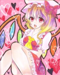 Rule 34 | 1girl, blonde hair, bow, breasts, collared shirt, crystal, fang, feet out of frame, flandre scarlet, frilled shirt collar, frilled skirt, frilled sleeves, frills, hair between eyes, hat, hat bow, hat ribbon, heart, highres, looking at viewer, medium hair, mob cap, multicolored wings, one side up, open mouth, pink background, puffy short sleeves, puffy sleeves, red bow, red eyes, red ribbon, red skirt, red vest, ribbon, shirt, short sleeves, simple background, sirayuki710, skirt, skirt set, small breasts, solo, touhou, vest, white hat, white shirt, wings