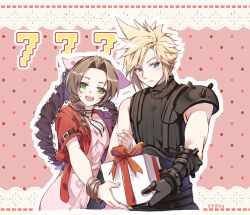 Rule 34 | 1boy, 1girl, aerith gainsborough, armor, artist name, bangle, black footwear, black gloves, blonde hair, blue eyes, blush, box, bracelet, braid, braided ponytail, breasts, brown hair, cat princess, choker, cleavage, closed mouth, cloud strife, cowboy shot, cropped jacket, dress, final fantasy, final fantasy vii, final fantasy vii rebirth, final fantasy vii remake, flower choker, gift, gift box, gloves, green eyes, hair ribbon, holding, holding another&#039;s arm, holding box, holding gift, jacket, jewelry, long dress, long hair, looking at viewer, medium breasts, open mouth, parted bangs, pink background, pink dress, pink ribbon, polka dot, polka dot background, red jacket, ribbon, short hair, short sleeves, shoulder armor, sidelocks, single bare shoulder, single braid, single shoulder pad, sleeveless, sleeveless turtleneck, smile, spiked hair, suspenders, swept bangs, turtleneck, wavy hair