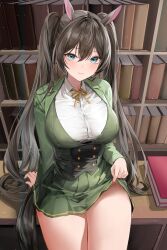 Rule 34 | 1girl, absurdres, animal ears, arm support, black tail, blue eyes, blush, book, bookshelf, breasts, brown hair, buttons, closed mouth, clothes lift, collared shirt, commentary request, copyright request, cover, cover page, cowboy shot, dress shirt, green jacket, green skirt, green vest, hair between eyes, hair intakes, highres, horse ears, horse girl, horse tail, indoors, jacket, korean commentary, large breasts, lifting own clothes, light particles, lillly, long hair, long sleeves, looking at viewer, miniskirt, neck ribbon, novel cover, novel illustration, official art, pleated skirt, ribbon, shirt, sidelocks, sitting, skirt, skirt lift, smile, solo, striped, tail, taut clothes, taut shirt, thighs, twintails, underbust, vertical stripes, vest, white shirt, yellow ribbon