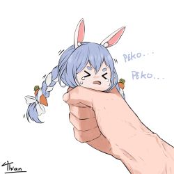Rule 34 | &gt; &lt;, 1girl, absurdres, animal ear fluff, animal ears, artist name, blue hair, braid, carrot hair ornament, chibi, closed eyes, crying, food-themed hair ornament, hair ornament, highres, hololive, long hair, mini person, minigirl, multicolored hair, rabbit ears, rabbit girl, simple background, size difference, solo focus, squeezing, tears, thian, torso grab, twin braids, two-tone hair, usada pekora, veins, veiny hands, virtual youtuber, white background