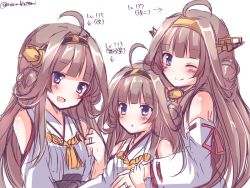 Rule 34 | 10s, 3girls, ahoge, bad id, bad pixiv id, bare shoulders, blue eyes, blush, brown hair, hairband, height difference, jewelry, kantai collection, kongou (kancolle), multiple girls, multiple persona, nonodera minku, one eye closed, open mouth, remodel (kantai collection), ring, sakura romu, smile, upper body, wedding band