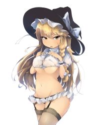 Rule 34 | 1girl, bow, braid, breast suppress, breasts, brown eyes, contrapposto, crop top, d:, fishnet thighhighs, fishnets, flanvia, garter belt, garter straps, groin, hair bow, hat, highres, hip focus, kirisame marisa, large breasts, long hair, looking at viewer, lowleg, lowleg panties, navel, open mouth, panties, side braid, simple background, solo, standing, sweat, thighhighs, touhou, underboob, underwear, underwear only, white background, witch hat, wrist cuffs, yellow eyes