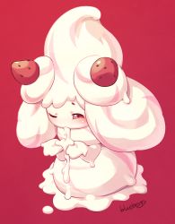 Rule 34 | 1girl, after fellatio, alcremie, alcremie (strawberry sweet), alcremie (vanilla cream), artist name, blueberry (5959), creatures (company), cum, cum in mouth, cum on hands, cumdrip, cupping hands, food, food-themed hair ornament, food on hair, fruit, full body, game freak, gen 8 pokemon, hair ornament, highres, nintendo, one eye closed, own hands together, pokemon, pokemon (creature), pokemon swsh, red background, red eyes, signature, simple background, solo, strawberry, strawberry hair ornament, white hair