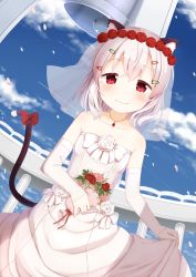 Rule 34 | 1girl, :d, animal ears, bell, blue sky, blush, bouquet, bow, bridal veil, cat ears, cat tail, cherry blossoms, cloud, column, day, detached sleeves, dress, dutch angle, flat chest, flower, hair flower, hair ornament, hairclip, highres, jewelry, md5 mismatch, muku (muku-coffee), necklace, open mouth, original, petals, pillar, red eyes, resolution mismatch, shiro (muku), sky, smile, solo, source smaller, tail, tail bow, tail ornament, tears, veil, wedding dress, white dress, white hair