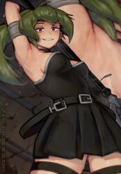 Rule 34 | 1girl, absurdres, arm up, armpit focus, armpits, artist name, bare shoulders, black shirt, black skirt, breasts, green hair, grin, highres, long hair, looking at viewer, medium breasts, pleated skirt, purple eyes, pussy juice, shirt, skirt, smile, solo, sorapoi, sousou no frieren, sweat, teeth, ubel (sousou no frieren)