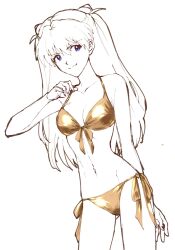 Rule 34 | 1girl, arms behind head, bare shoulders, bikini, blue eyes, breasts, curvy, hand in own hair, highres, long hair, looking at viewer, medium breasts, monochrome, navel, neon genesis evangelion, open mouth, side-tie bikini bottom, simple background, smile, solo, souryuu asuka langley, stomach, swimsuit, thighs, thong, thong bikini, two side up, unihotate0329, wide hips