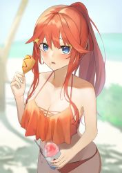 Rule 34 | 1girl, absurdres, beach, bikini, blue eyes, blush, breasts, cleavage, corn dog, cup, eating, food, food on face, go-toubun no hanayome, grass, hair ornament, highres, holding, holding cup, holding food, ketchup, large breasts, long hair, looking at viewer, mustard, nakano itsuki, ocean, open mouth, ponytail, rakkasei, red hair, sand, shadow, shaved ice, sidelocks, solo, star (symbol), star hair ornament, swimsuit, tree, water