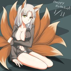 Rule 34 | 10s, 1girl, aged up, animal ears, birthday, brave witches, breast hold, breasts, cleavage, collarbone, collared shirt, dated, edytha rossmann, fox ears, fox tail, happy birthday, highres, jatts, kadokawa shoten, kitsune, kyuubi, long hair, long sleeves, military, military uniform, multiple tails, navel, no bra, open clothes, shirt, silver hair, sitting, solo, strike witches, tail, uniform, world witches series, yellow eyes, yokozuwari