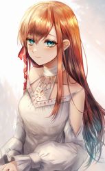Rule 34 | 1girl, absurdres, bare shoulders, blue eyes, collarbone, commentary, detached sleeves, dress, final fantasy, final fantasy xiv, hair ribbon, halterneck, highres, hyur, light blush, long hair, long sleeves, looking at viewer, maho moco, orange hair, puffy long sleeves, puffy sleeves, red ribbon, ribbon, ryne waters, sidelocks, solo, swept bangs, upper body, white dress