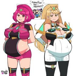 Rule 34 | 2boys, 2girls, 6+girls, animated, animated gif, arms behind back, artist name, bare shoulders, big belly, black pantyhose, blinking, blonde hair, blush, bouncing belly, breasts, brighid (xenoblade), cleavage, cleavage cutout, clothing cutout, covered navel, cowboy shot, dress, dromarch (xenoblade), dual persona, elbow gloves, english text, fetal movement, gloves, hands on own hips, huge breasts, huge filesize, impossible clothes, kicking, labor, large breasts, long hair, looping animation, matching hair/eyes, morag ladair (xenoblade), multiple boys, multiple girls, mythra (massive melee) (xenoblade), mythra (xenoblade), nia (xenoblade), noodlemage, one eye closed, outie navel, pandoria (xenoblade), pantyhose, pregnant, pyra (xenoblade), red eyes, red hair, red shorts, red thighhighs, rex (xenoblade), short dress, short hair, short shorts, shorts, simple background, standing, swept bangs, thigh strap, thighhighs, tiara, white background, white dress, white gloves, wink, winking (animated), xenoblade chronicles (series), xenoblade chronicles 2, yellow eyes, zeke von genbu (xenoblade)