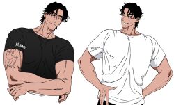 Rule 34 | 1boy, balnom, bara, black shirt, contrast, cropped torso, grin, highres, large pectorals, looking at viewer, male focus, multiple views, muscular, muscular male, pectorals, shirt, short hair, sideways glance, smile, standing, t-shirt, undressing, white shirt