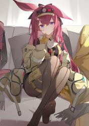 Rule 34 | 1girl, absurdres, animal ears, arknights, black pantyhose, black shirt, black shorts, breasts, couch, gloves, highres, jacket, long hair, looking at viewer, medium breasts, no shoes, on couch, open clothes, open jacket, pantyhose, pink hair, purple eyes, rabbit ears, rabbit girl, ray (arknights), shirt, shorts, soles, solo, teketi, very long hair, visor cap, yellow gloves