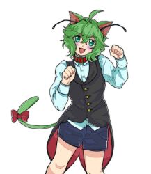 Rule 34 | 1girl, ahoge, androgynous, animal collar, animal ears, antennae, blush, bobotatamu, bow, buttons, cat ears, cat girl, cat tail, collar, collared shirt, commentary request, crossed bangs, fang, feet out of frame, green eyes, green hair, grey shorts, highres, kemonomimi mode, long sleeves, looking at viewer, open mouth, paw pose, red bow, shirt, short hair, shorts, simple background, smile, solo, tail, tail bow, tail ornament, touhou, white background, white shirt, wriggle nightbug