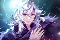 Rule 34 | 1boy, black shirt, blurry, fate/grand order, fate (series), hair between eyes, long hair, looking at viewer, male focus, merlin (camelot &amp; co) (fate), merlin (fate), official alternate costume, purple eyes, purple scarf, scarf, shirt, smile, solo, terai (teraimorimori), upper body, very long hair, white hair