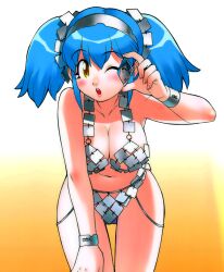 Rule 34 | 1girl, bikini, blue hair, blush, bracelet, breasts, cowboy shot, hairband, highres, holding, jewelry, large breasts, leaning forward, long hair, looking at viewer, navel, non-web source, one eye closed, open mouth, os-tan, photoshop (medium), reflection, solo, swimsuit, twintails, winchan, yellow eyes, yoshizaki mine