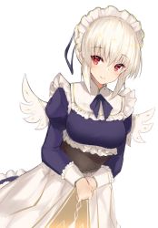 Rule 34 | 1girl, blonde hair, blush, breasts, closed mouth, corset, frills, long sleeves, looking at viewer, maid, maid headdress, medium breasts, own hands together, red eyes, sennen sensou aigis, serra (sennen sensou aigis), smile, solo, white background, white wings, wings, yki