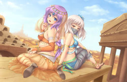 Rule 34 | 2girls, anklet, arabian clothes, arm support, armlet, blue eyes, blue sky, bra, bracelet, braid, bridal gauntlets, brown eyes, cloud, day, full body, high heels, jewelry, long hair, looking at viewer, looking back, lots of jewelry, multiple girls, open mouth, original, purple hair, ruins, sand, sandals, sasaame, see-through, shiny skin, single braid, sky, underwear, veil, white hair