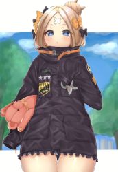 Rule 34 | 1girl, abigail williams (fate), abigail williams (traveling outfit) (fate), bad id, bad pixiv id, black bow, black jacket, blonde hair, blue eyes, blue sky, blush, bow, closed mouth, cloud, commentary request, cowboy shot, crossed bandaids, day, fate/grand order, fate (series), hair bow, hair bun, heroic spirit traveling outfit, highres, jacket, key, long hair, long sleeves, looking at viewer, hugging object, official alternate costume, orange bow, parted bangs, polka dot, polka dot bow, single hair bun, sky, sleeves past fingers, sleeves past wrists, solo, star (symbol), stuffed animal, stuffed toy, teddy bear, thigh gap, yayoi maka